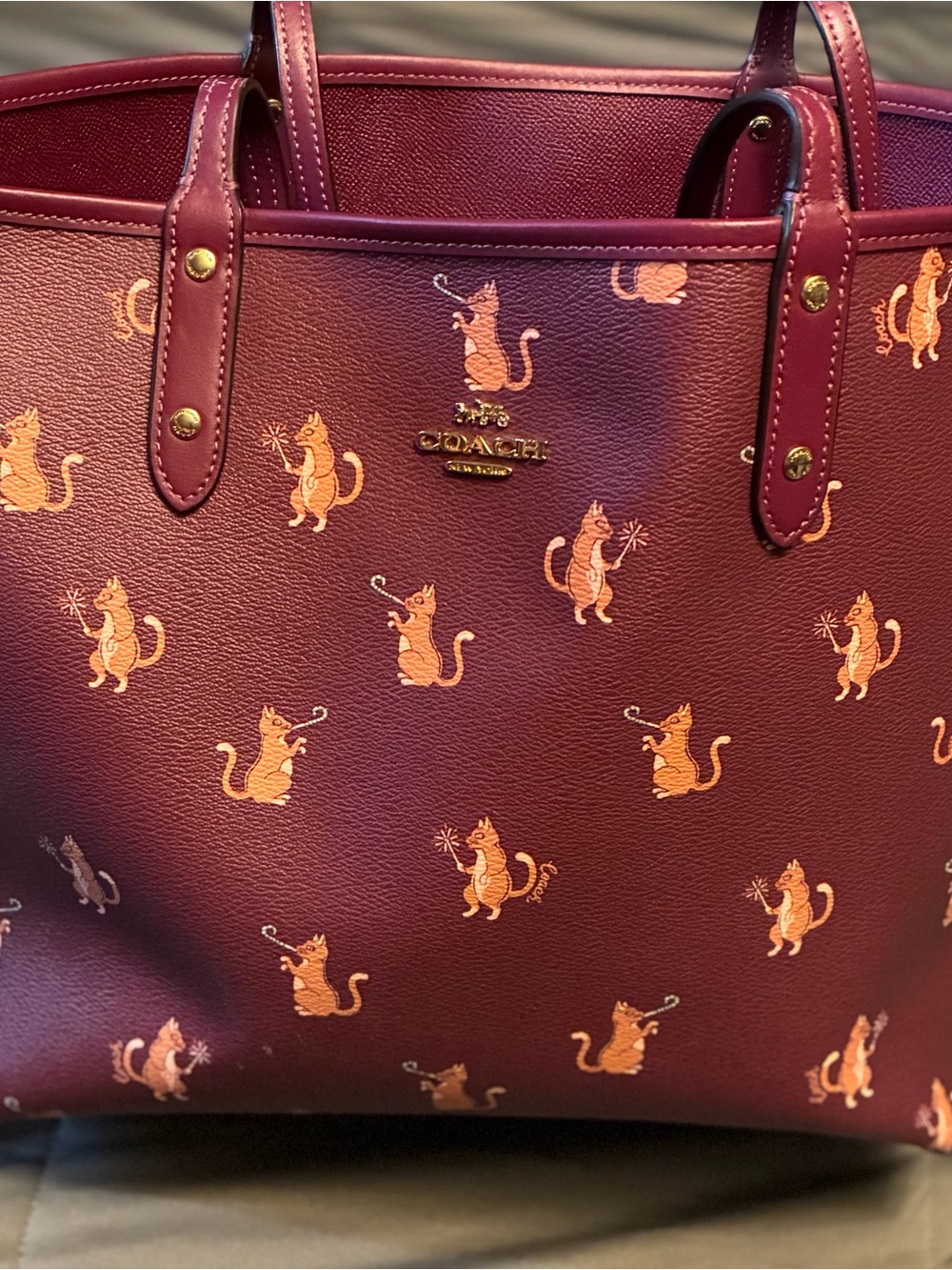 NWOT COACH Party Cat Reversible Burgundy Tote Bag